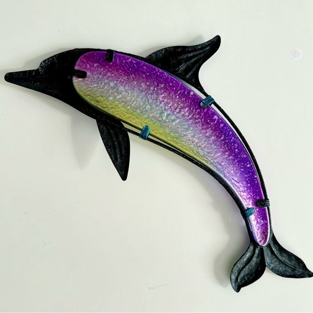 RARE OSALAD Garden Animal of Metal Dolphin Wall Artwork with Blue Painting Glass - Picture 3 of 7